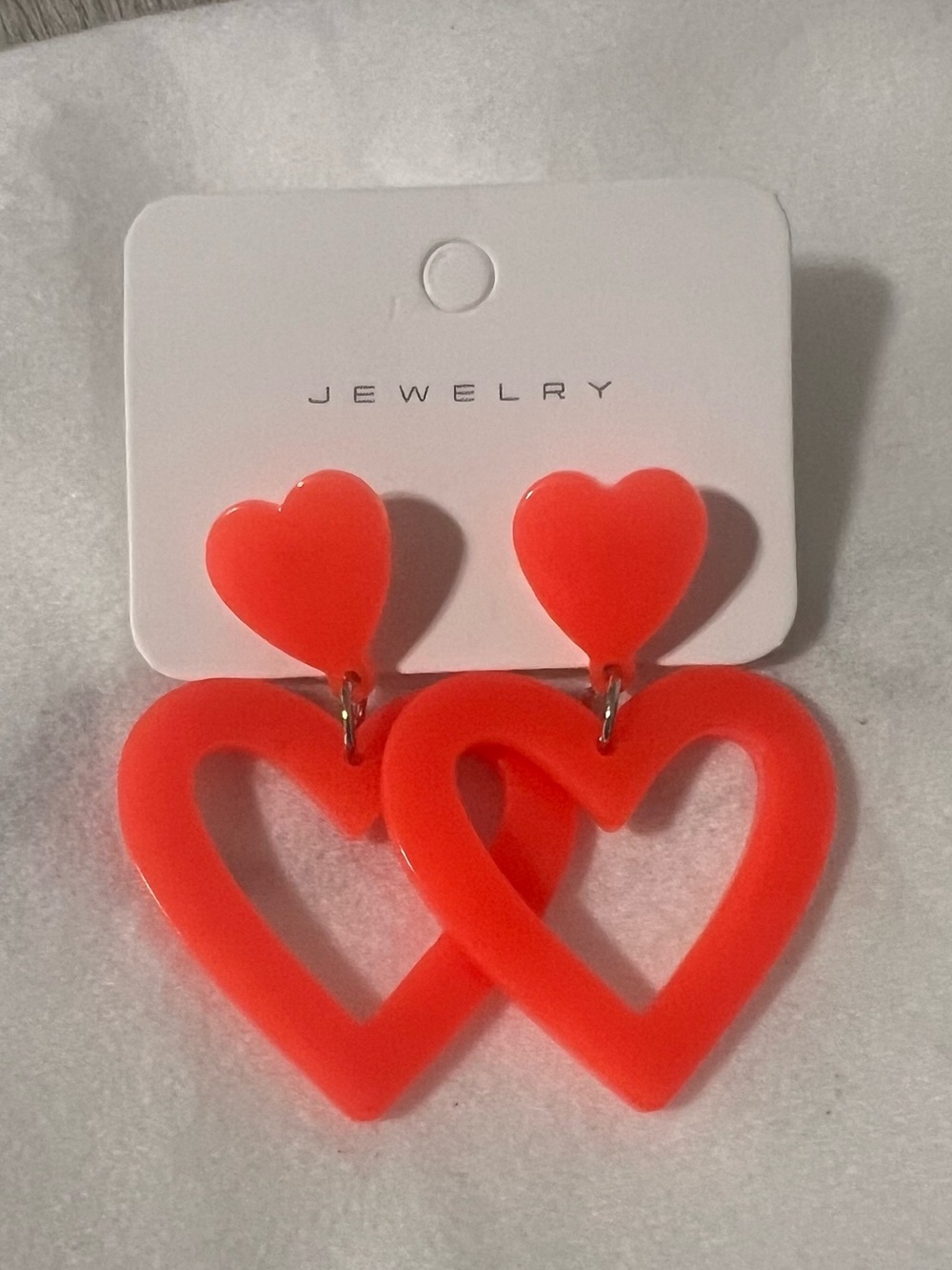 5/$25 Neon Coral Acrylic Double Heart Drop Earrings – Brand New